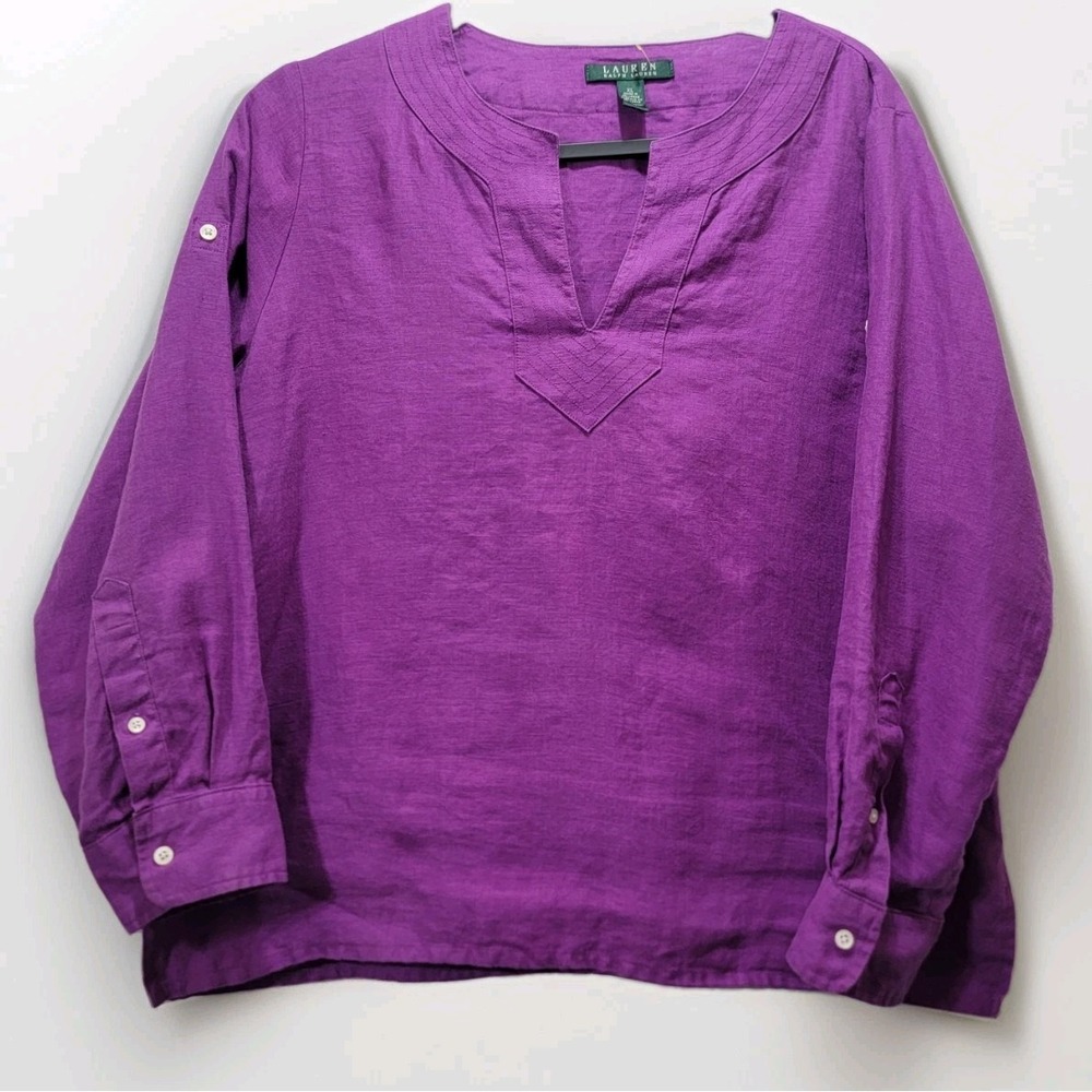 Lauren Ralph Lauren 100% Linen Boxy Top XL Purple Notched V Neck Roll Up Sleeve